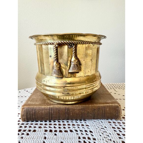 Vintage Hand Hammered Brass Planter: French Tassel Rope, Boho Decor - Picture 1 of 8